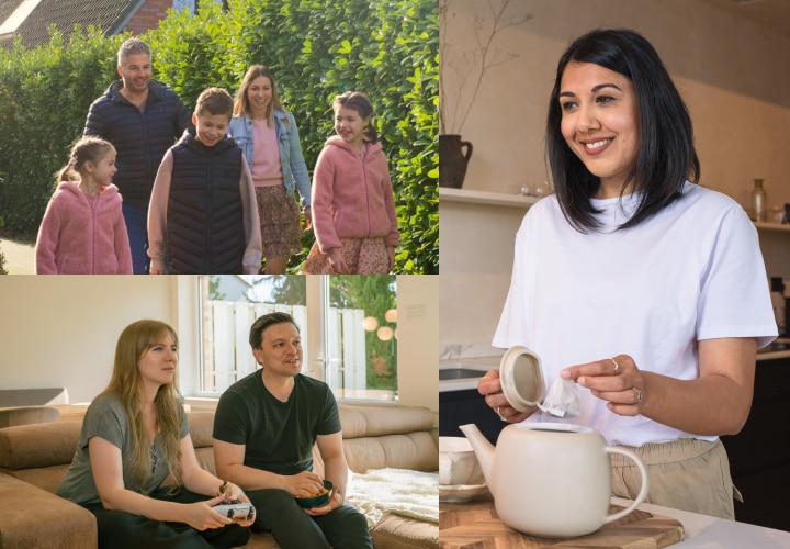 1. Family of five enjoying a walk outdoors, smiling and dressed in casual attire, surrounded by green hedges. 2. Couple sitting on a sofa playing video games together in a bright living room with large windows. 3. Woman pouring tea into a teapot in a modern kitchen, smiling and enjoying a peaceful moment.