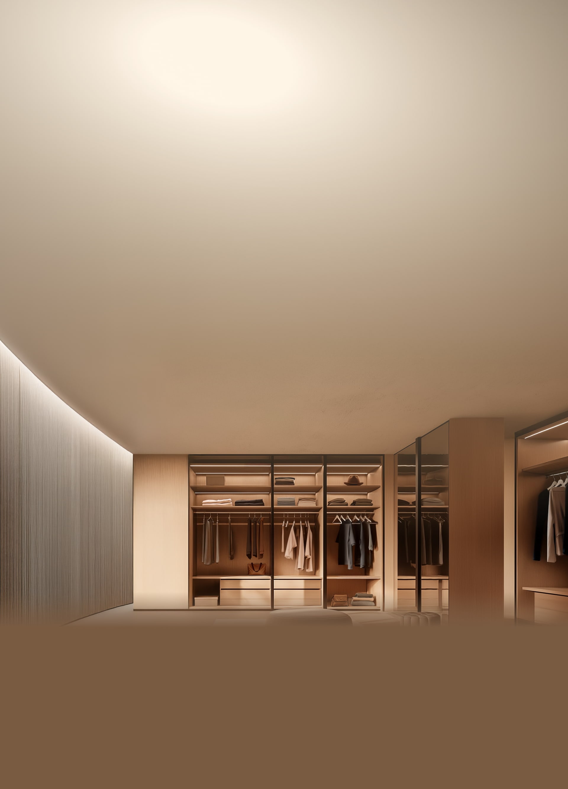 A well-organized laundry closet with modern shelving and natural lighting.