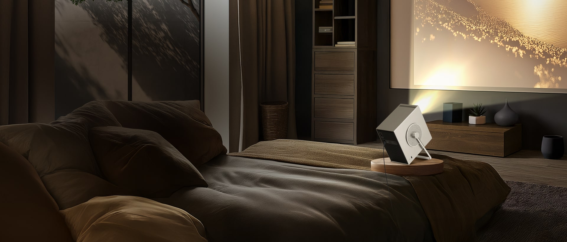 Smart home solutions featuring the LG CineBeam Q projector in a cozy bedroom with ambient lighting and modern decor.