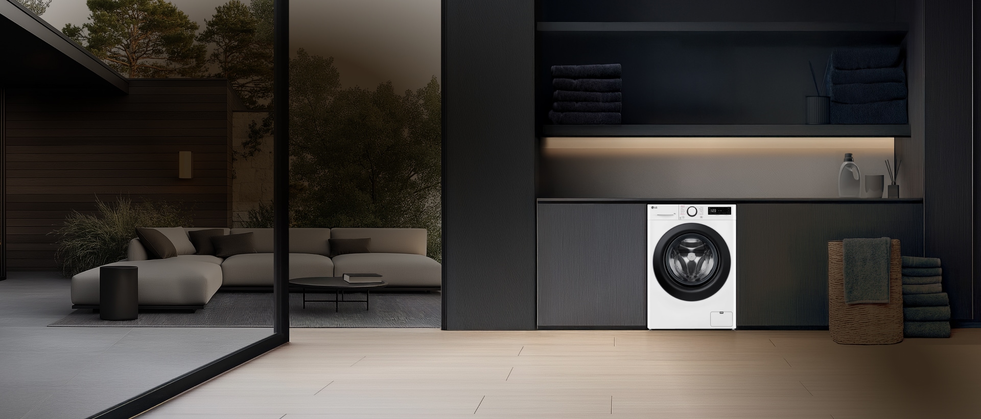 Promoting smart home solutions with LG appliances, including the LG washing machine, in a modern, organized living space.