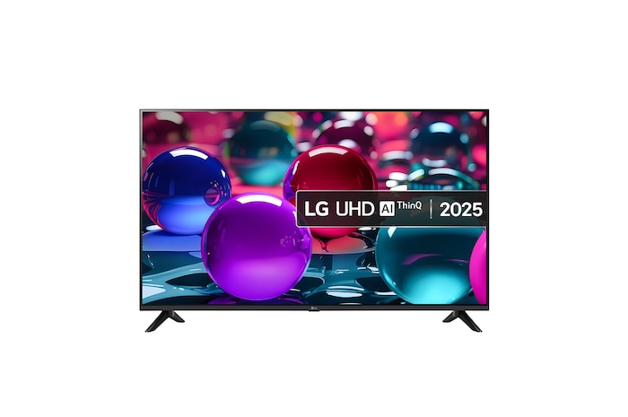 Front view of UHD UA73 TV, LG UHD Al Logo on the top corner. LG UHD TV depicts colorful paintike textures coming together.