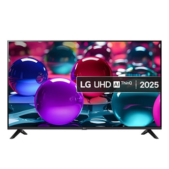 Front view of UHD UA73 TV, LG UHD Al Logo on the top corner. LG UHD TV depicts colorful paintike textures coming together.