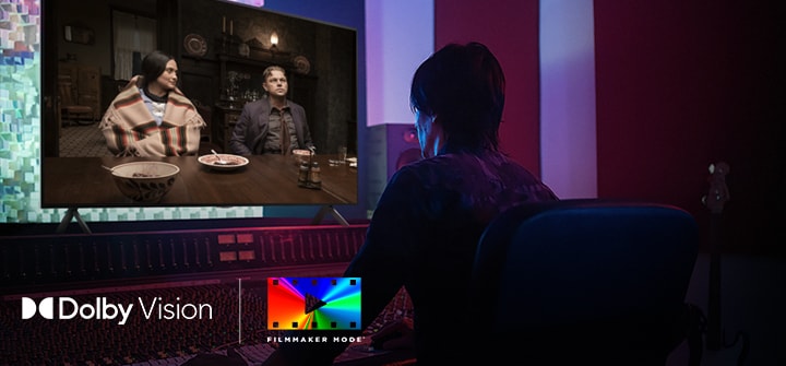 A director in front of a control panel editing the movie "Killers of the Flower Moon" on an LG QNED TV. In the bottom left, the Dolby Vision logo and FILMMAKER MODE logo. Below the image are logos for Netflix, HBOmax, Prime Video, Disney Plus, Apple TV and LG Channels.