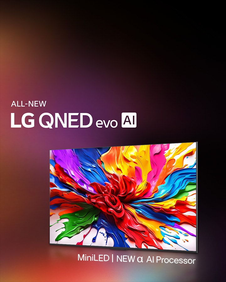 LG QNED TV against a colorful dark background. On the screen is a bright and colorful artwork that showcases QNED's color technology and ability to display a wide spectrum of hues with great contrast. All new LG QNED evo AI logo present. With subtitles calling out QNED's MiniLED and new alpha AI processor. Title reads, Every Color Redefined, New Experience Begins.