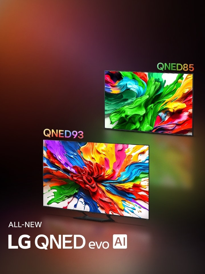 LG QNED92 and LG QNED85 TVs are side by side. Colorful artwork that highlights the new vivid and vibrant color reproduction technology of LG QNED are on their screens. ALL NEW LG QNED evo AI logo is also present.