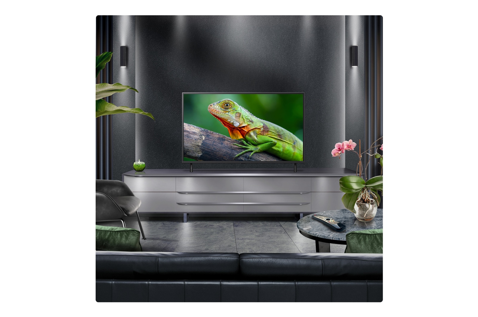 Perspective from the inside of a cave looking out to its entrance where a blue sky and horizon can be seen. The whole scene is split in half to show the capability of QNED's Advanced Local Dimming. On one side, the colors and detail are washed out and the visuals seem muddy. The label says, Conventional LED. The other side has great blacks, better contrast, brightness and color.