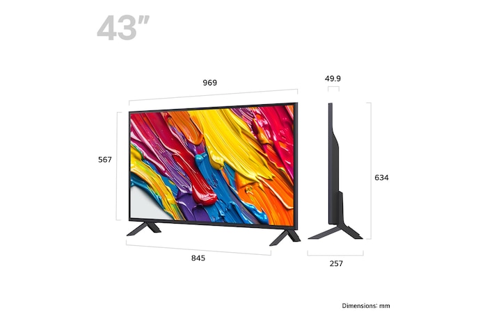 Front view and side view of LG QNED84 AI 4K Smart TV showing its length, width, height, and depth dimensions.