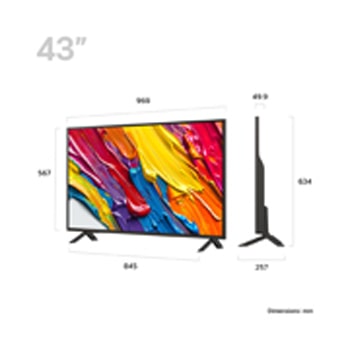 Front view and side view of LG QNED84 AI 4K Smart TV showing its length, width, height, and depth dimensions.