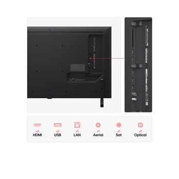 Front view and side view of LG QNED AI QNED80 4K Smart TV showing its length, width, height, and depth dimensions.