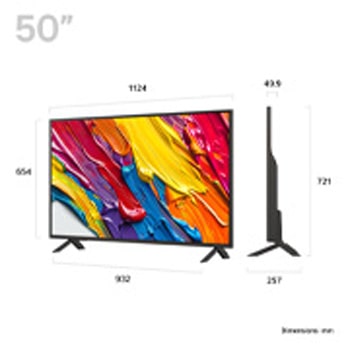 Front view and side view of LG QNED84 AI 4K Smart TV showing its length, width, height, and depth dimensions.