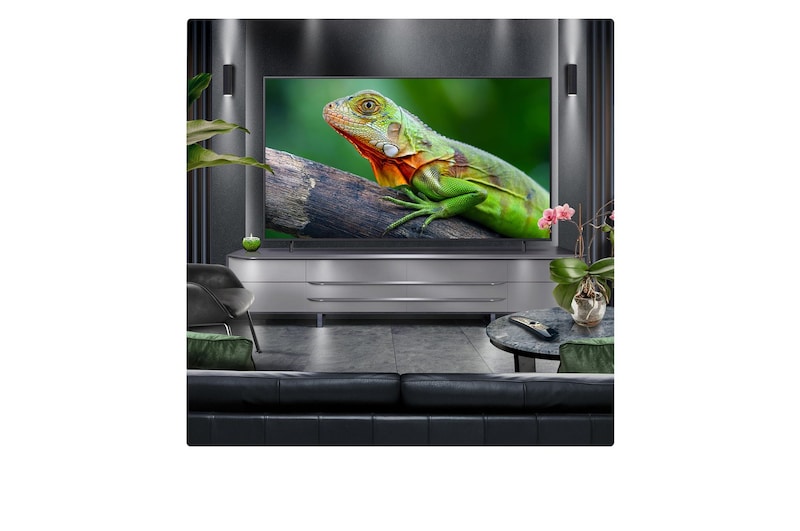 Perspective from the inside of a cave looking out to its entrance where a blue sky and horizon can be seen. The whole scene is split in half to show the capability of QNED's Advanced Local Dimming. On one side, the colors and detail are washed out and the visuals seem muddy. The label says, Conventional LED. The other side has great blacks, better contrast, brightness and color.