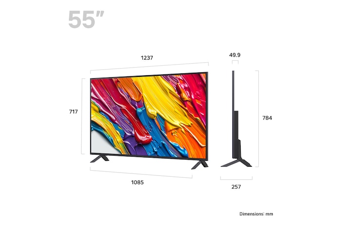 Front view and side view of LG QNED84 AI 4K Smart TV showing its length, width, height, and depth dimensions.
