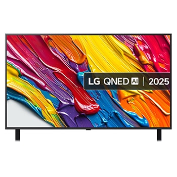 Front view of LG QNED84 TV, LG QNED Al Logo on the top corner. LG QNED TV depicts colorful paintike textures coming together.