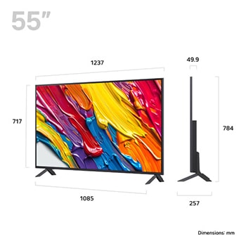 Front view and side view of LG QNED84 AI 4K Smart TV showing its length, width, height, and depth dimensions.