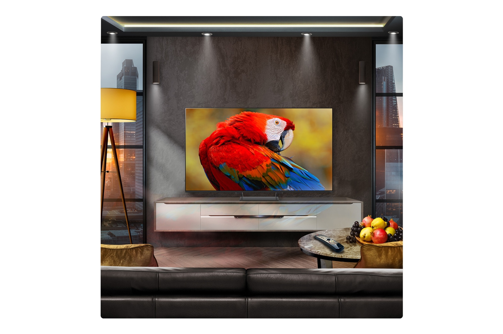 A family sits on a couch facing a LG QNED TV sitting above a TV stand with a little girl pointing to a screen depicting two dolphins. The title talks about how you can enjoy high resolution on a massive screen.