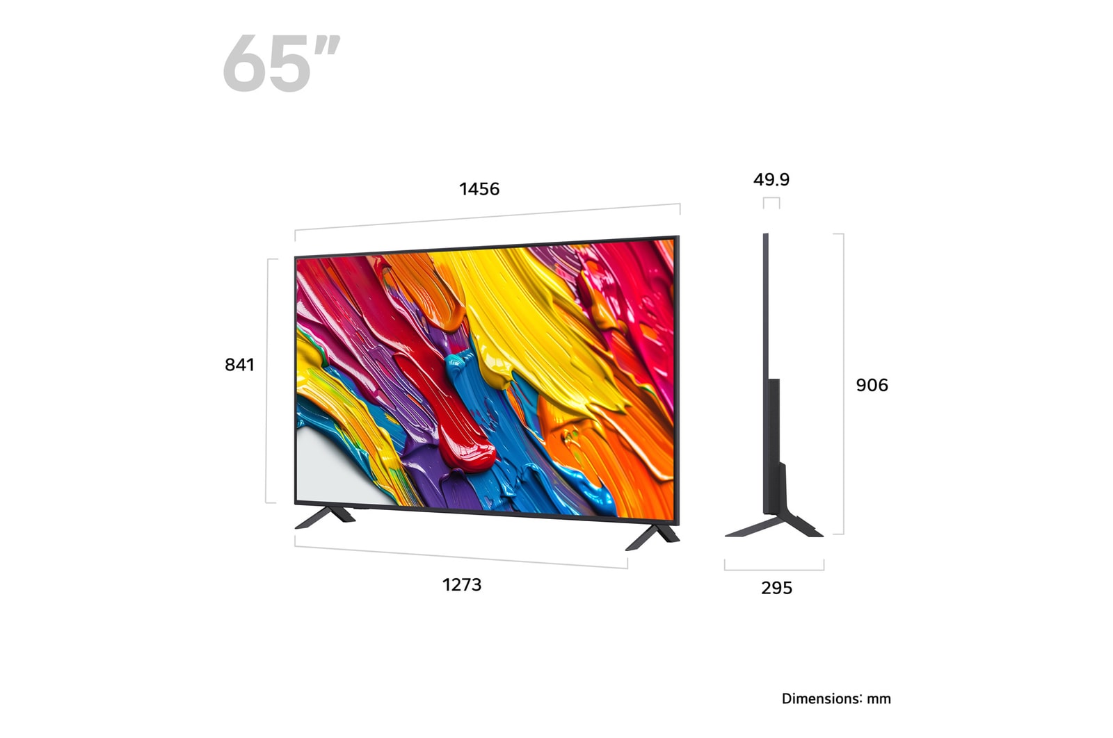 Front view and side view of LG QNED84 AI 4K Smart TV showing its length, width, height, and depth dimensions.