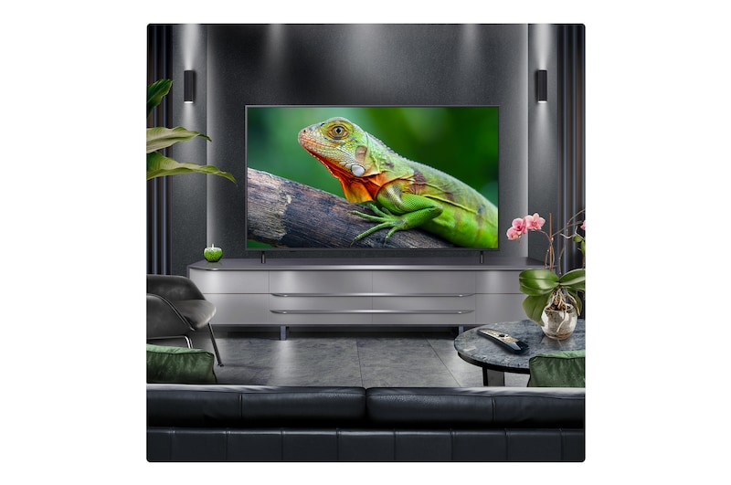 Perspective from the inside of a cave looking out to its entrance where a blue sky and horizon can be seen. The whole scene is split in half to show the capability of QNED's Advanced Local Dimming. On one side, the colors and detail are washed out and the visuals seem muddy. The label says, Conventional LED. The other side has great blacks, better contrast, brightness and color.