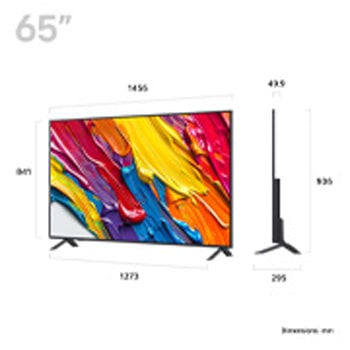 Front view and side view of LG QNED84 AI 4K Smart TV showing its length, width, height, and depth dimensions.
