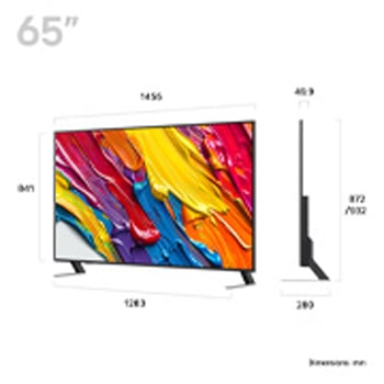 Front view and side view of LG QNED84 AI 4K Smart TV showing its length, width, height, and depth dimensions.