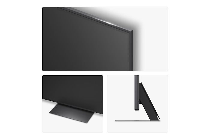 Close up shot of LG 65qned86a6a TV showing the thin bazzle and the thin stand