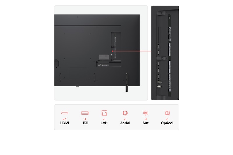 Front view and side view of LG QNED AI QNED80 4K Smart TV showing its length, width, height, and depth dimensions.