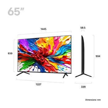 Front view and side view of LG QNED evo AI QNED92 4K Smart TV showing its length, width, height, and depth dimensions.