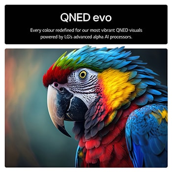 Parrot on a tree branch in vivid color. The title talks about how LG Al Picture Pro made impressive visual enhancements to the scene's resolution, brightness, depth, and clarity.