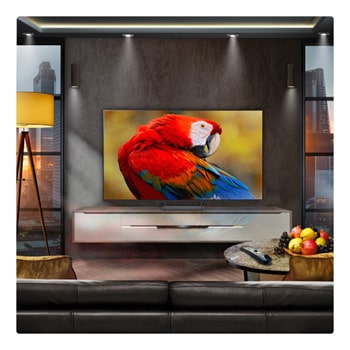 A family sits on a couch facing a LG QNED TV sitting above a TV stand with a little girl pointing to a screen depicting two dolphins. The title talks about how you can enjoy high resolution on a massive screen.