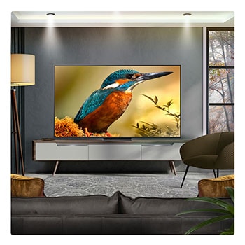 Parrot on a tree branch in vivid color. The title talks about how LG Al Picture Pro made impressive visual enhancements to the scene's resolution, brightness, depth, and clarity.