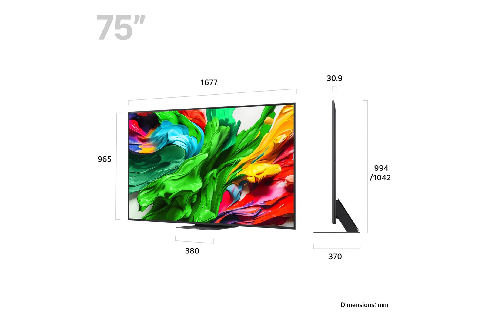 Slightly-angled right-facing side view of LG QNED evo TV
