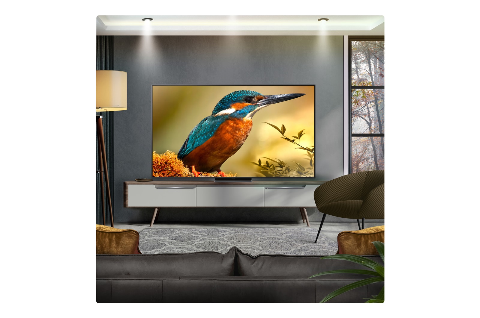 Parrot on a tree branch in vivid color. The title talks about how LG Al Picture Pro made impressive visual enhancements to the scene's resolution, brightness, depth, and clarity.