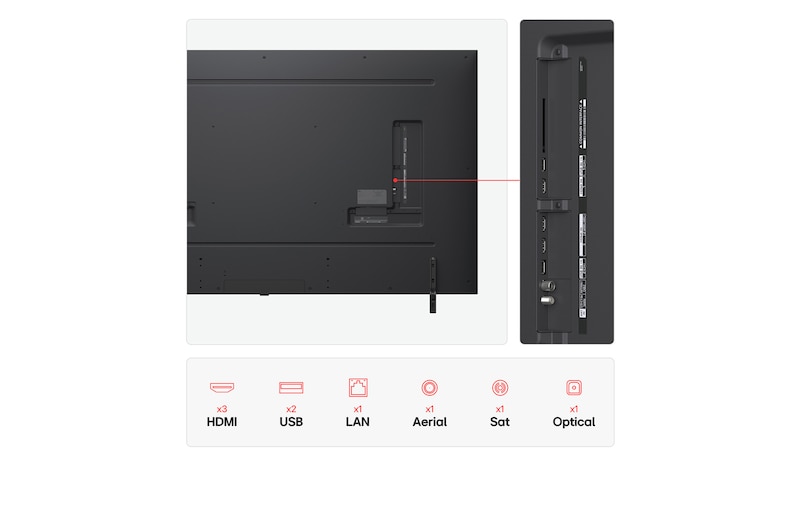 Front view and side view of LG QNED AI QNED80 4K Smart TV showing its length, width, height, and depth dimensions.