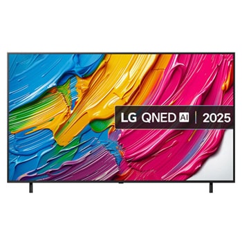Front view of LG QNED80 TV, LG QNED Al Logo on the top corner. LG QNED TV depicts colorful paintike textures coming together.