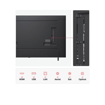 Front view and side view of LG QNED AI QNED80 4K Smart TV showing its length, width, height, and depth dimensions.