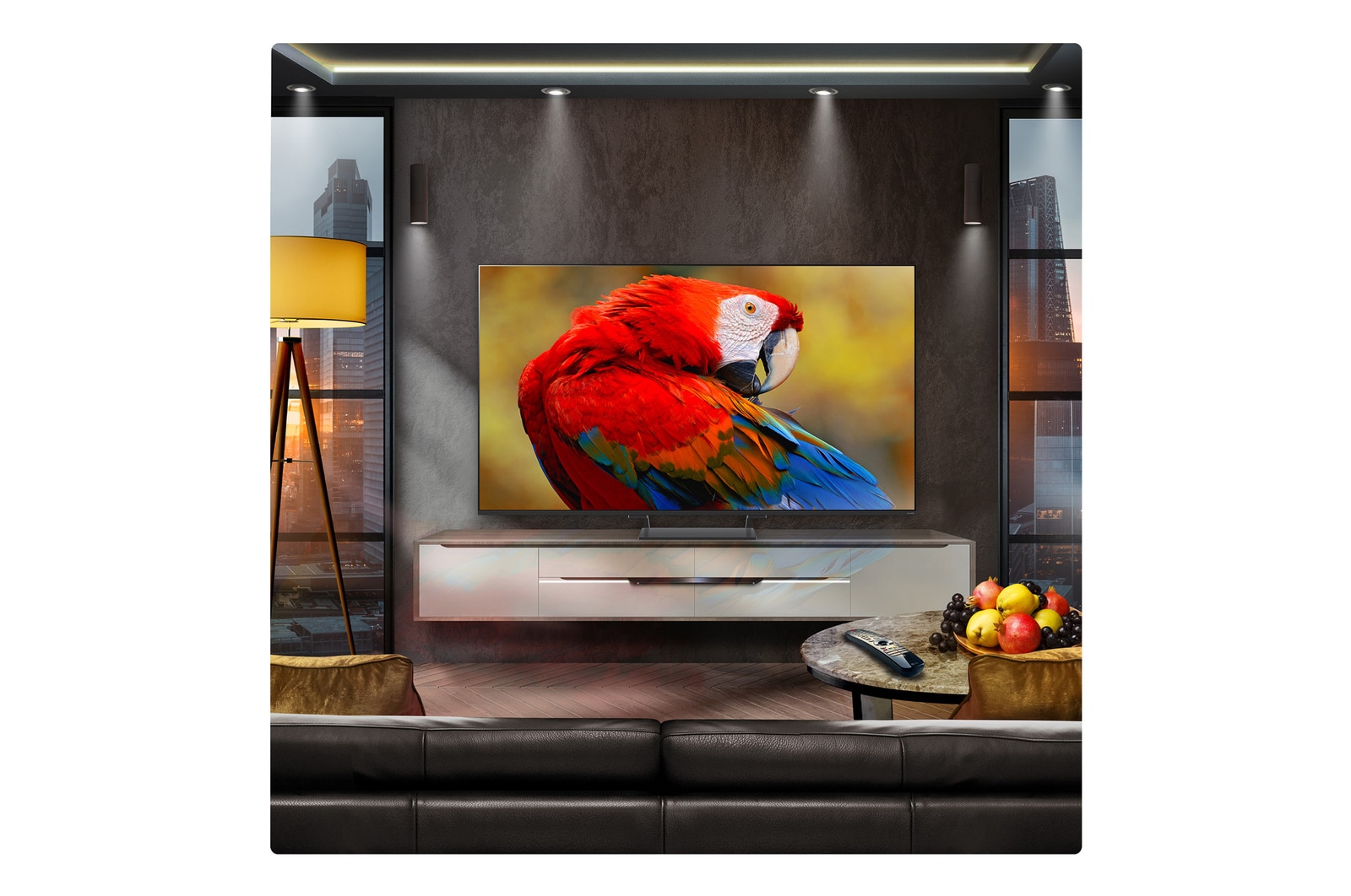 A family sits on a couch facing a LG QNED TV sitting above a TV stand with a little girl pointing to a screen depicting two dolphins. The title talks about how you can enjoy high resolution on a massive screen.