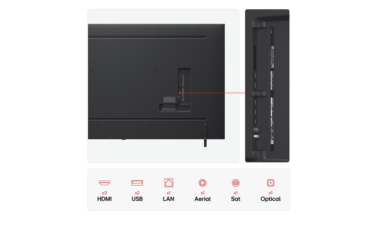 Front view and side view of LG QNED AI QNED80 4K Smart TV showing its length, width, height, and depth dimensions.