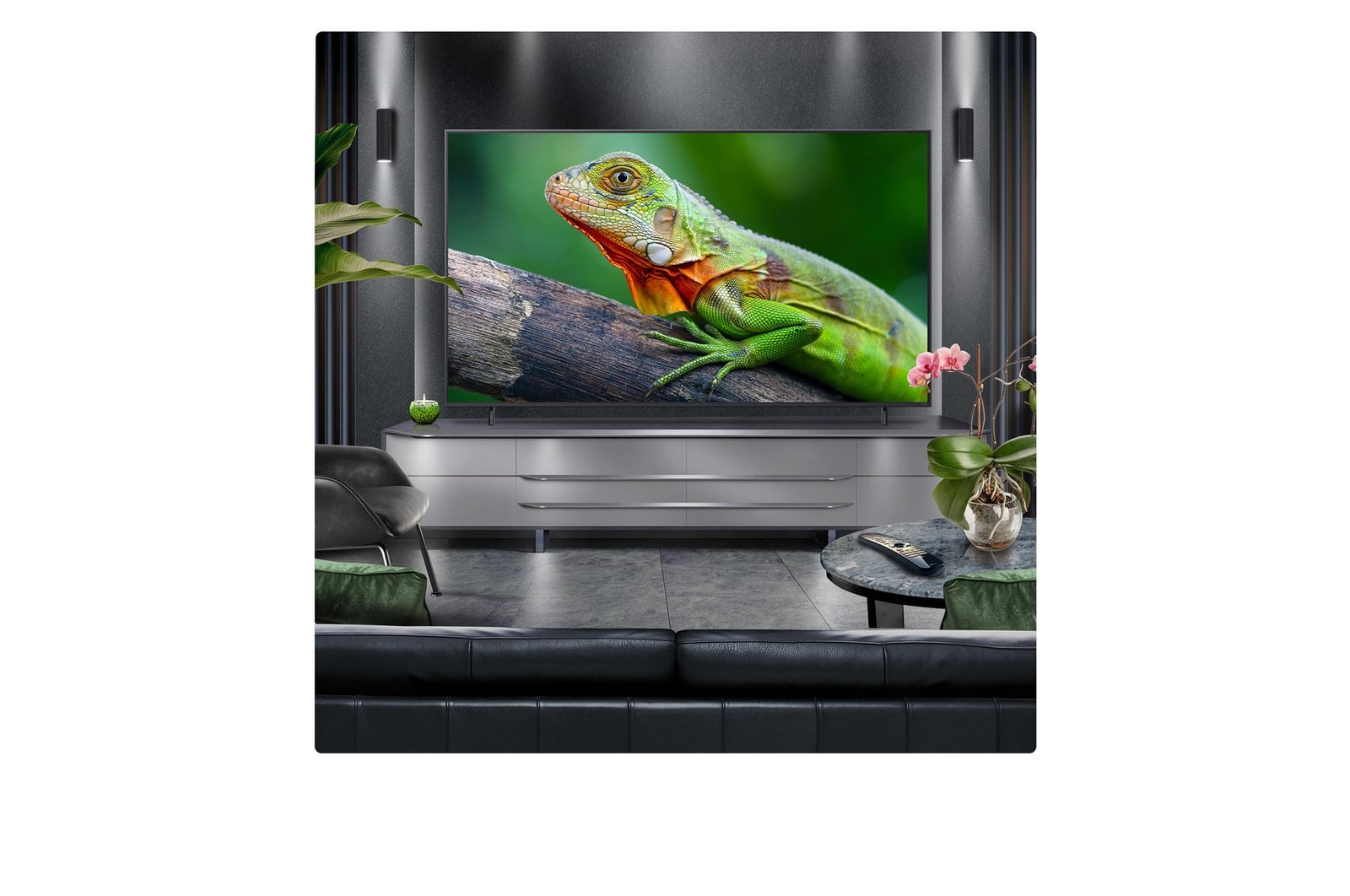 Perspective from the inside of a cave looking out to its entrance where a blue sky and horizon can be seen. The whole scene is split in half to show the capability of QNED's Advanced Local Dimming. On one side, the colors and detail are washed out and the visuals seem muddy. The label says, Conventional LED. The other side has great blacks, better contrast, brightness and color.