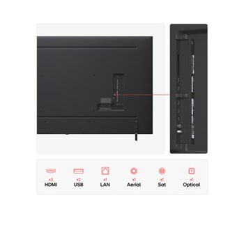 Front view and side view of LG QNED AI QNED80 4K Smart TV showing its length, width, height, and depth dimensions.
