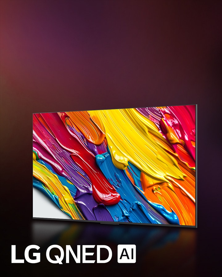 LG QNED TV against a colorful dark background. On the screen is a bright and colorful artwork that showcases QNED's color technology and ability to display a wide spectrum of hues with great contrast. LG QNED AI logo is visible. Title reads, Every Color Redefined with Dynamic QNED Color.