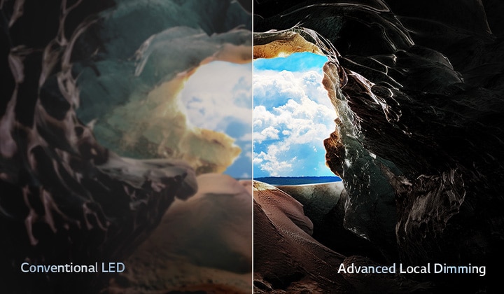 Perspective from the inside of a cave looking out to its entrance where a blue sky and horizon can be seen. The whole scene is split in half to show the capability of QNED's Advanced Local Dimming. On one side, the colours and detail are washed out and the visuals seem muddy. The label says, Conventional LED. The other side has great blacks, better contrast, brightness and colour. The label says Advanced Local Dimming.