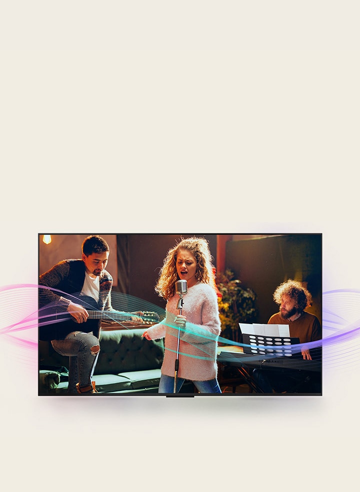 A man playing guitar, a woman singing into a mic, and a man playing the piano are pictured. Soundwaves which are coming from them are seen to show sound emission and how sound quality is enhanced with Al Clear Sound.