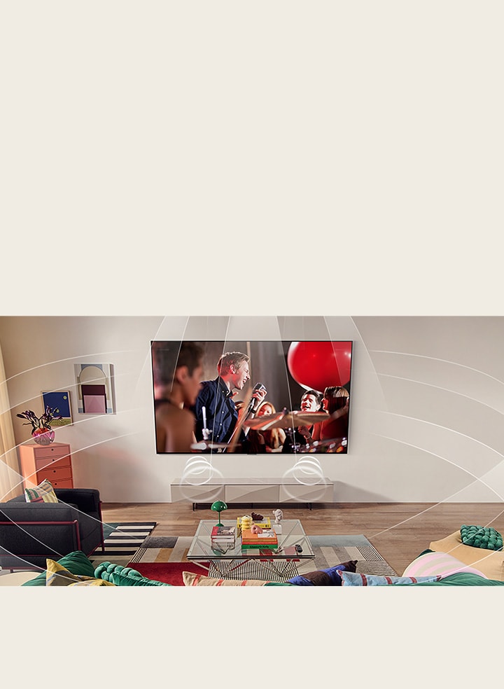 Living room with a wall-mounted LG TV. Sound waves are graphically represented to fill the space showing how virtual 9.1.2 channels create a surround sound experience for the user.