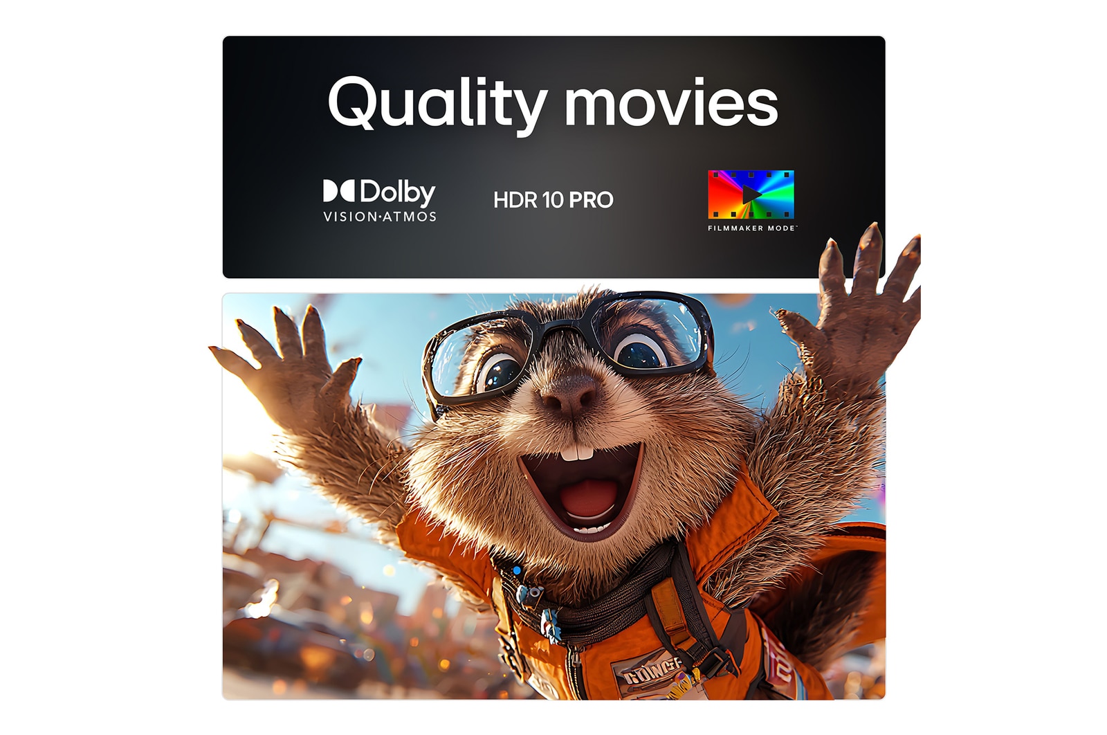 LG TV screen with an AI Magic Remote on the foreground. The AI button is highlighted and a speech bubble shows text, suggest a movie I like. On the screen we see the user icon E, indicating how AI Voice ID was able to identify which user it was and give personalised recommendations just based on their voice.