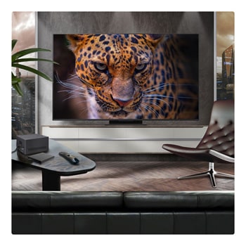 A family sits on a couch facing a LG QNED TV mounted on a wall above a LG Soundbar with a little girl pointing to a screen depicting two dolphins. The title talks about how every action is more thrilling on a massive screen.