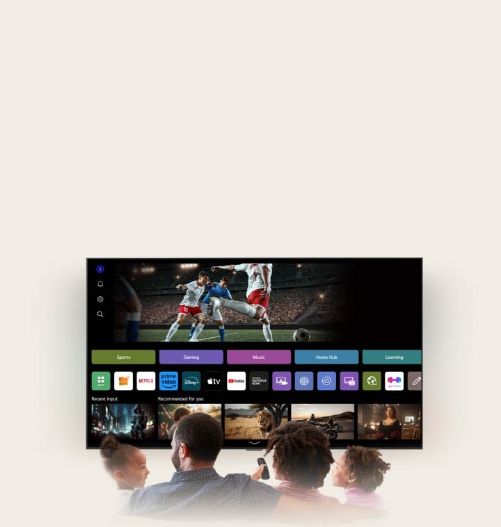 Family of four is gathered around an LG AI TV. A circle appears around the person holding the remote showing their name. This showcases how AI Voice ID recognizes each user's voice signature. The webOS interface then shows how the AI automatically switches the account and recommends personalised content.