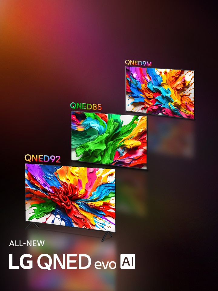 LG QNED92 and LG QNED85 TVs are side by side. Colourful artwork that highlights the new vivid and vibrant color reproduction technology of LG QNED are on their screens. ALL NEW LG QNED evo AI logo is also present.