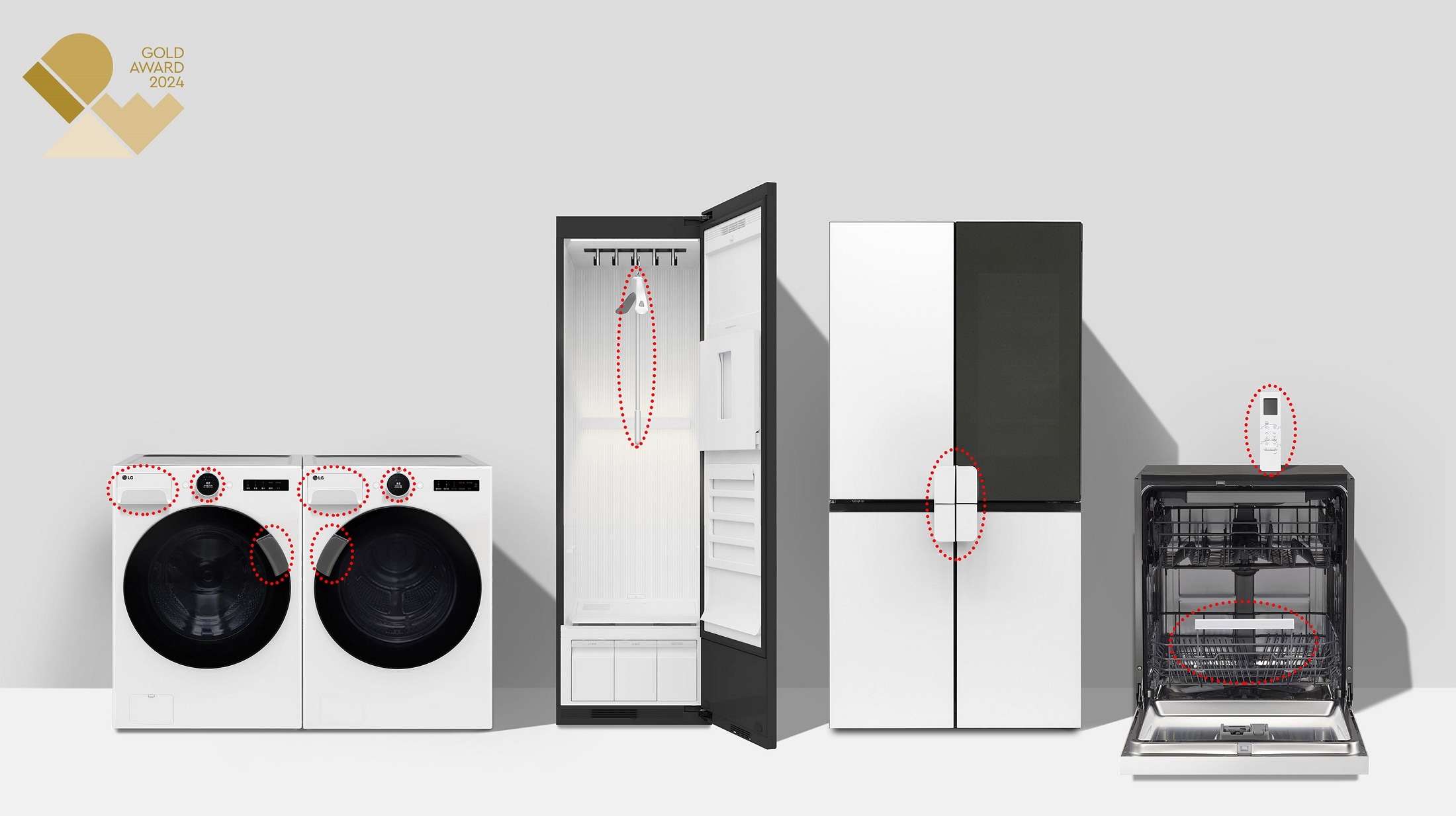 LG washing machine next to LG Styler next to LG InstaView Fridge next to LG Dishwasher