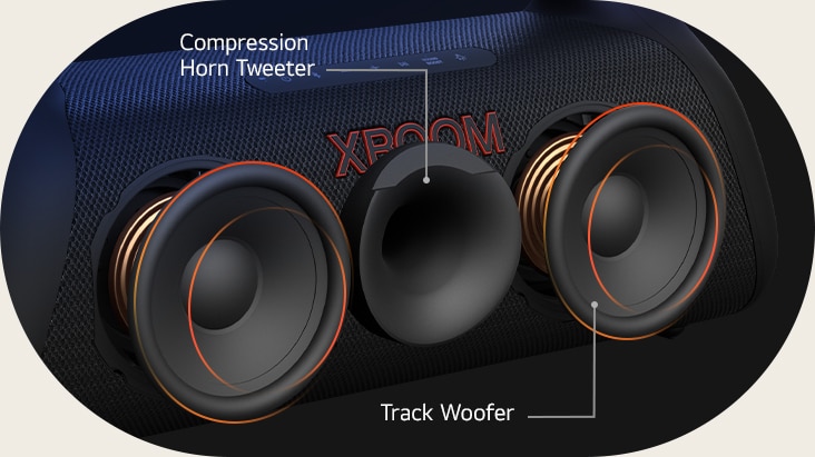Diagonal view LG XBOOM Go XG9, showing its compression horn tweeter and  a track woofers.