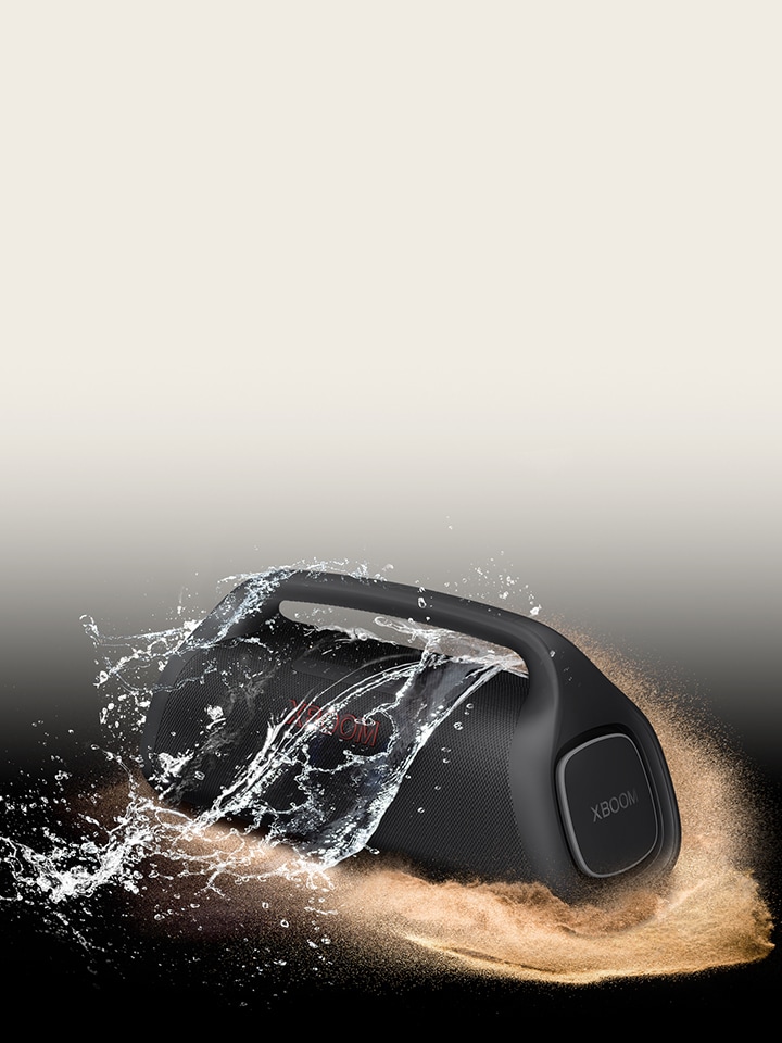 Two LG XBOOM Go XG9 are placed in infinite space. One shows that it's waterproof and the other is dust-proof.