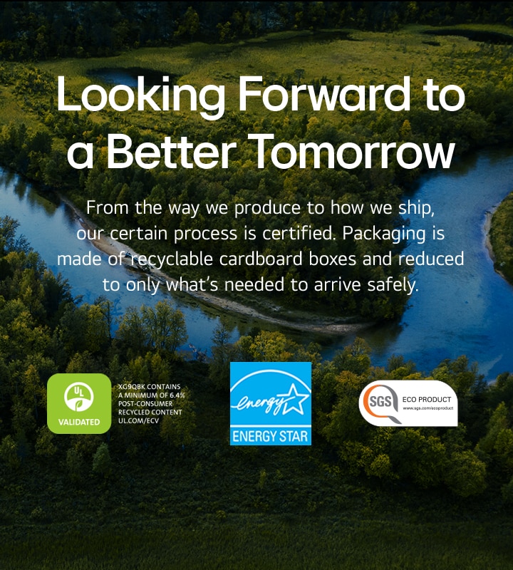 Illustrated green leaves are placed on the both sides of the image. And it shows UL, energy star and sgs logos.